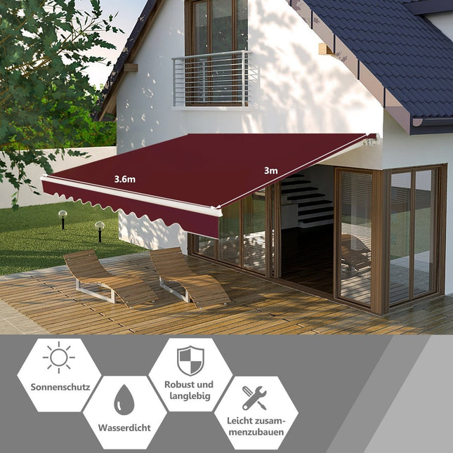 Retractable Patio Awning, Aluminum, 3.6m x 3m, Wine Red