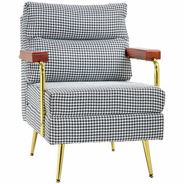 Retro Accent Chair, Houndstooth Pattern, Wood & Gold Elements