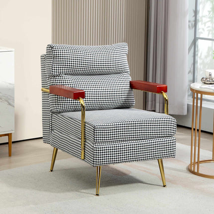 Retro Accent Chair, Houndstooth Pattern, Wood & Gold Elements