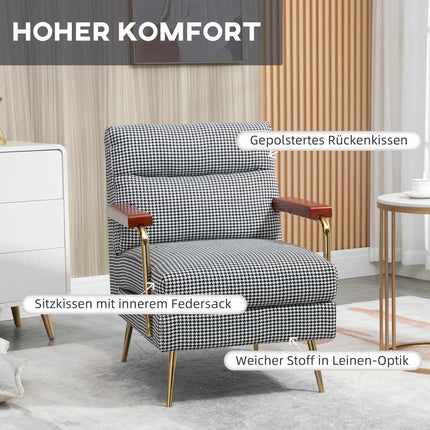Retro Accent Chair, Houndstooth Pattern, Wood & Gold Elements