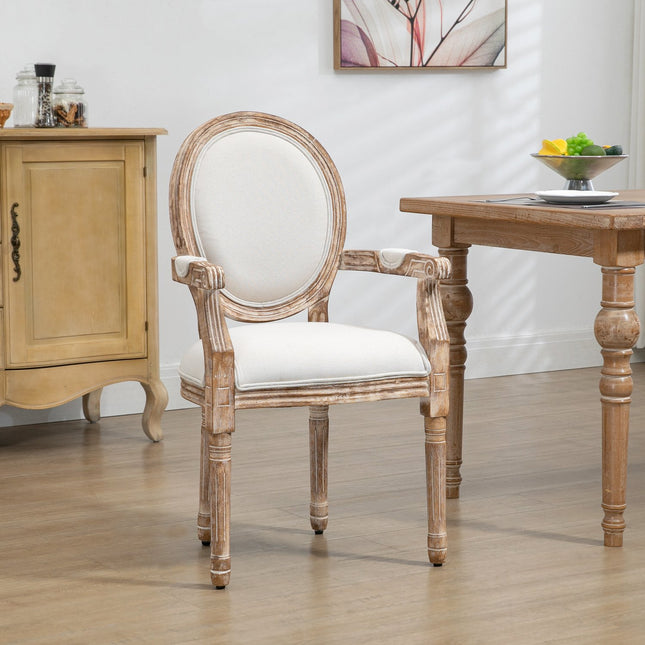 Upholstered dining chair with armrests, wooden frame, cream