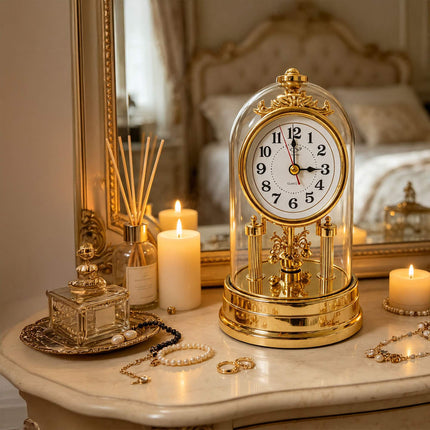 Retro Gold Desk Clock with Rotating Pendulum