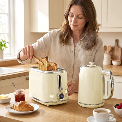 Retro Kettle & Toaster Set with LED Display, Cream