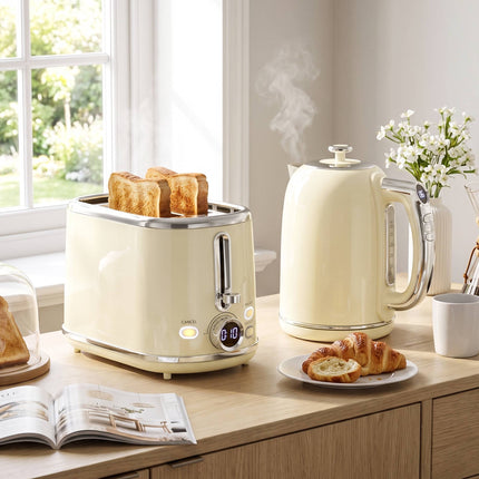 Retro Kettle & Toaster Set with LED Display, Cream