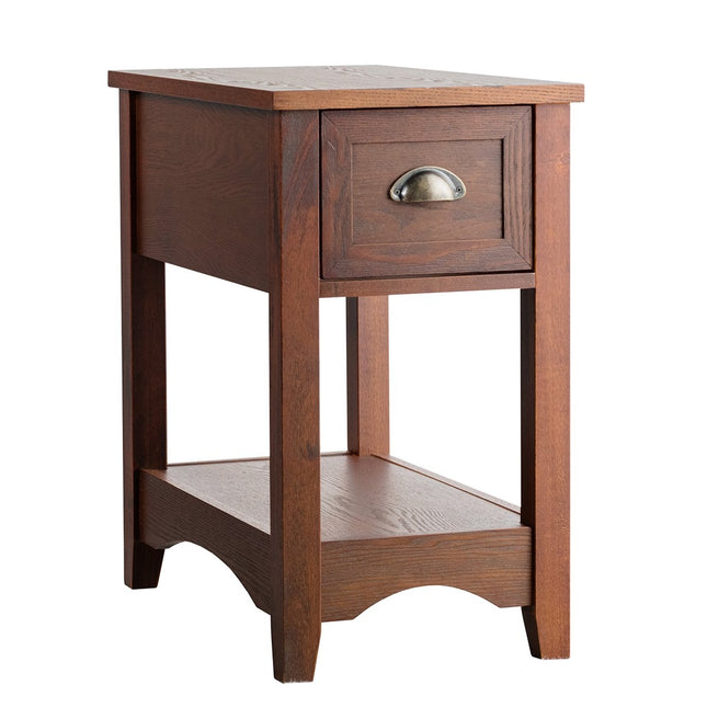 Retro side table with drawer & shelf rubber wood legs for living room & bedroom red brown