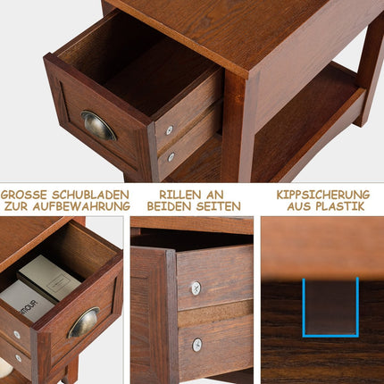 Retro side table with drawer & shelf rubber wood legs for living room & bedroom red brown