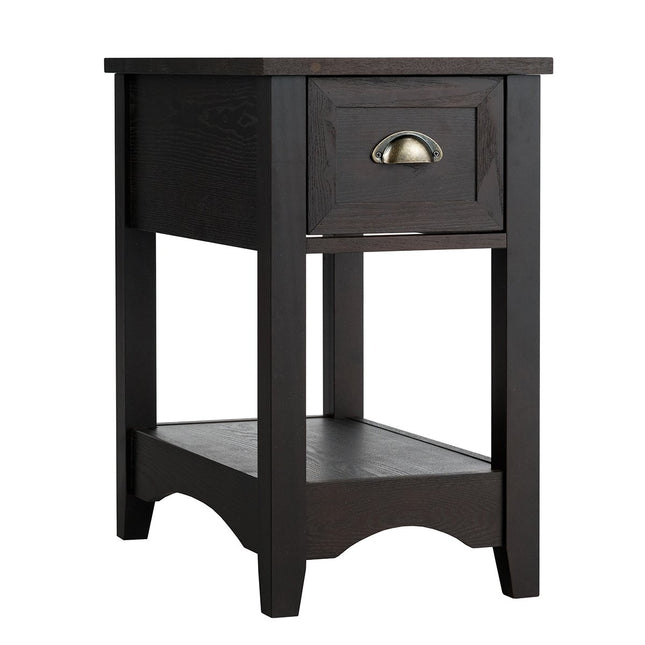 Retro side table with drawer & shelf rubber wood legs for living room & bedroom walnut