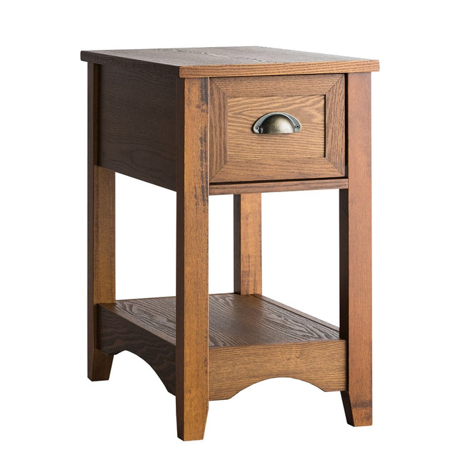 Retro side table with drawer & shelf rubber wood legs for living room & bedroom yellow brown