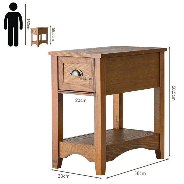 Retro side table with drawer & shelf rubber wood legs for living room & bedroom yellow brown
