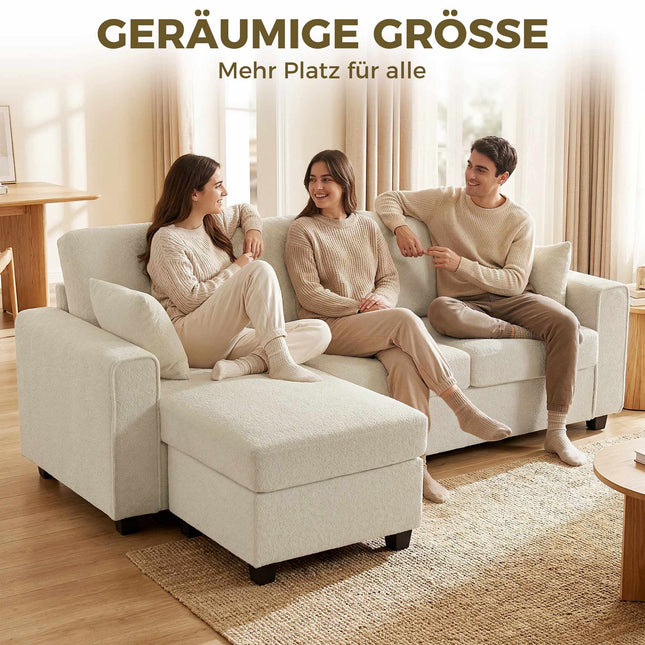 Omkeerbare chaise longue 3-zitsbank van fluweel, beige, diepe zitvlakken