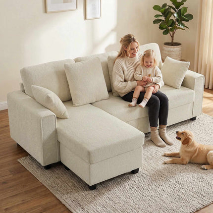 Reversible Chaise 3-Seater Velvet Sofa, Beige, Deep Seats