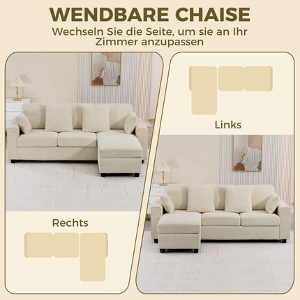 Reversible Chaise 3-Seater Velvet Sofa, Beige, Deep Seats
