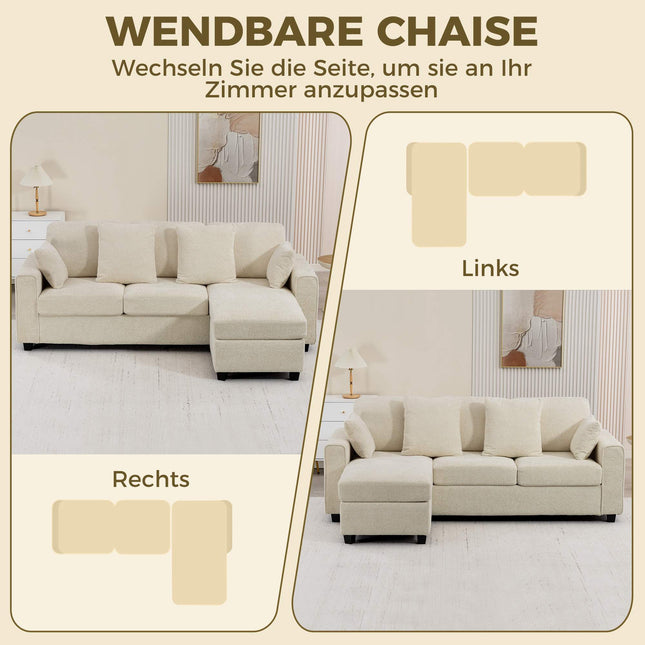 Omkeerbare chaise longue 3-zitsbank van fluweel, beige, diepe zitvlakken