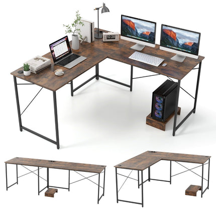 Reversible L-Shaped Desk with Charging Station, Brown