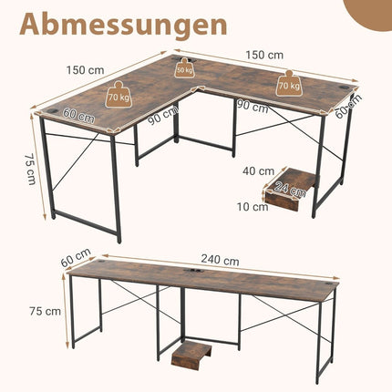 Reversible L-Shaped Desk with Charging Station, Brown