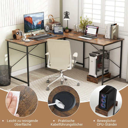 Reversible L-Shaped Desk with Charging Station, Brown
