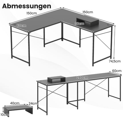Reversible L-Shaped Desk with Charging Station, Gray