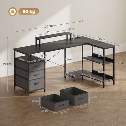 Reversible L-Shaped Desk with Drawers, Black, 170 cm
