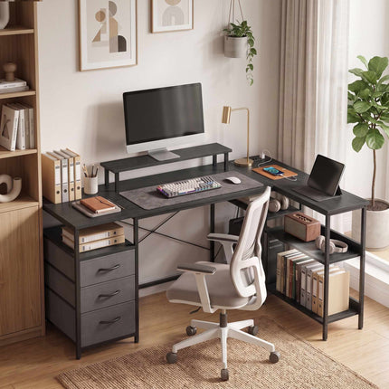 Reversible L-Shaped Desk with Drawers, Black, 170 cm