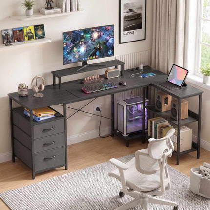 Reversible L-Shaped Desk with Drawers, Black, 170 cm
