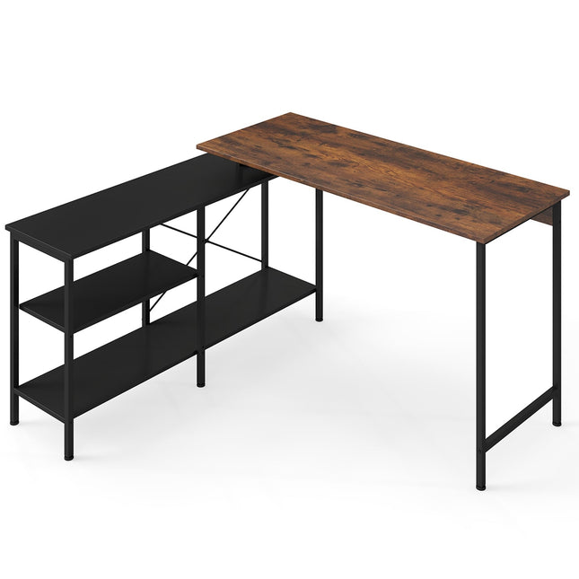 Reversible L-Shaped Desk with Shelves, Rustic Brown