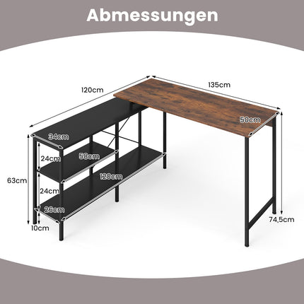 Reversible L-Shaped Desk with Shelves, Rustic Brown