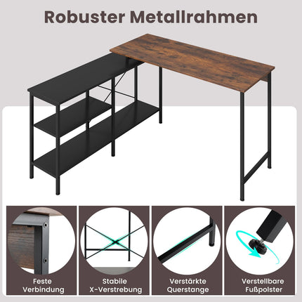 Reversible L-Shaped Desk with Shelves, Rustic Brown