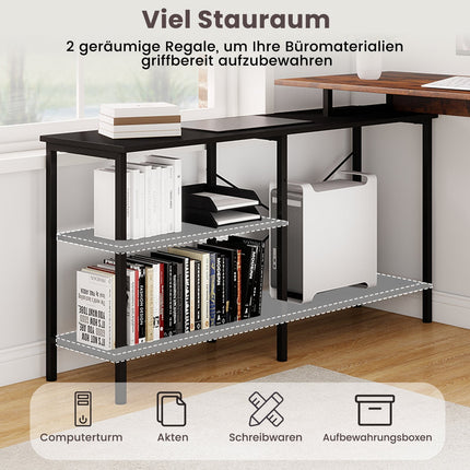 Reversible L-Shaped Desk with Shelves, Rustic Brown