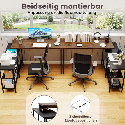 Reversible L-Shaped Desk with Shelves, Rustic Brown