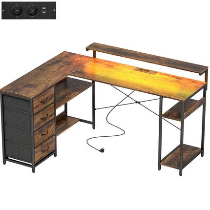 Reversible L-Shaped Gaming Desk with LED Lights and Storage