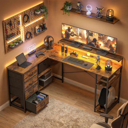 Reversible L-Shaped Gaming Desk with LED Lights and Storage