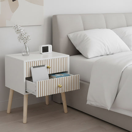 Ribbed Bedside Table, 2 Drawers, Scandinavian Style