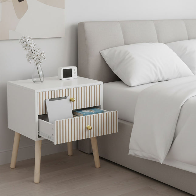 Ribbed Bedside Table, 2 Drawers, Scandinavian Style