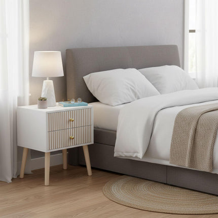 Ribbed Bedside Table, 2 Drawers, Scandinavian Style