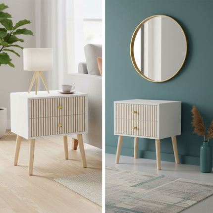 Ribbed Bedside Table, 2 Drawers, Scandinavian Style