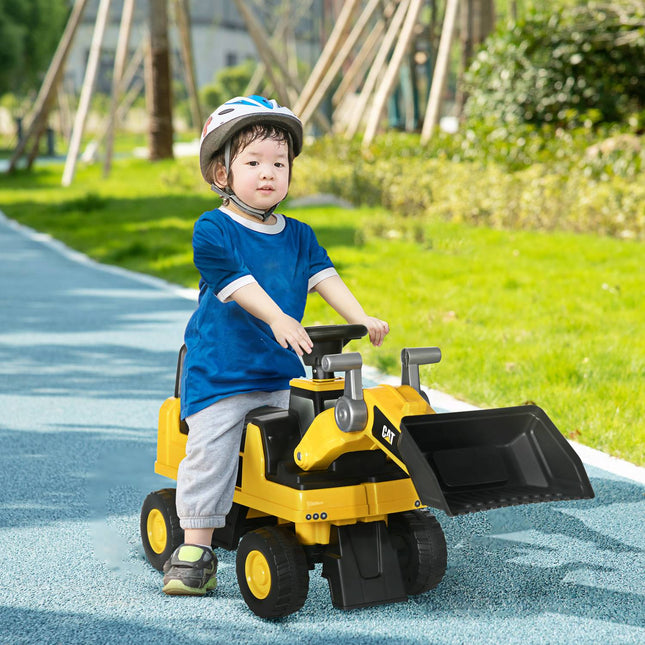 Riding excavator toy with shovel and horn, yellow/black