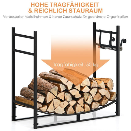 Robust fireplace shelf firewood rack with removable kindling holder 84 x 33 x 76 cm black