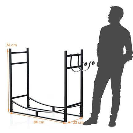 Robust fireplace shelf firewood rack with removable kindling holder 84 x 33 x 76 cm black