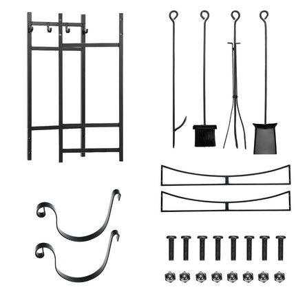 Robust firewood rack & tool set with kindling holders & shovel 91x33x76cm black