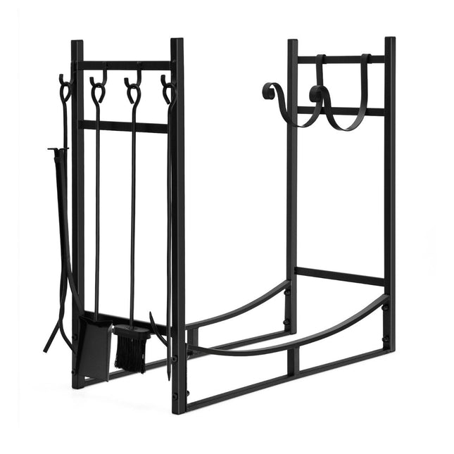 Robust metal firewood rack & tool set firewood holder with shovel 76x33x76cm black