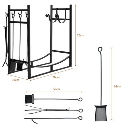 Robust metal firewood rack & tool set firewood holder with shovel 76x33x76cm black