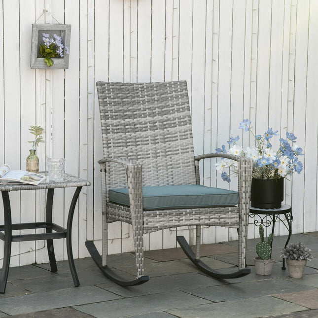 Gray polyrattan garden rocking chair with cushions