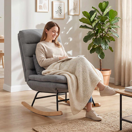 Rocking Chair, Linen-Look Fabric, Lumbar Pillow, Light Grey