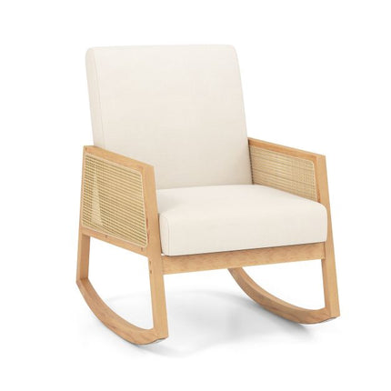 Rocking Chair, Rattan Armrests, Upholstered Cushion Beige