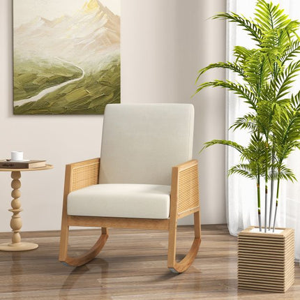 Rocking Chair, Rattan Armrests, Upholstered Cushion Beige