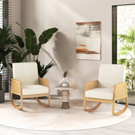 Rocking Chair, Rattan Armrests, Upholstered Cushion Beige