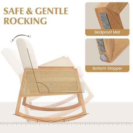 Rocking Chair, Rattan Armrests, Upholstered Cushion Beige
