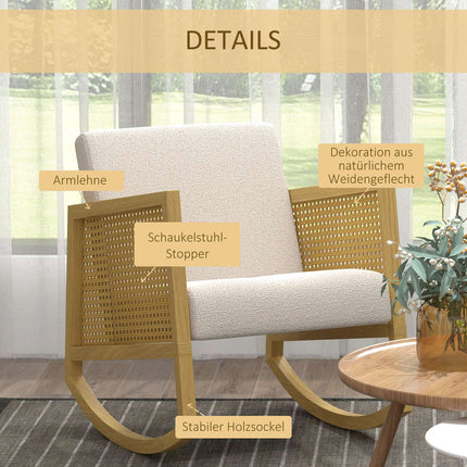 Rocking chair with soft cushions and rattan decor