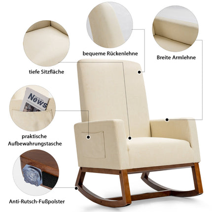 Rocking Chair, Rubber Wood Base, Side Pocket, Beige
