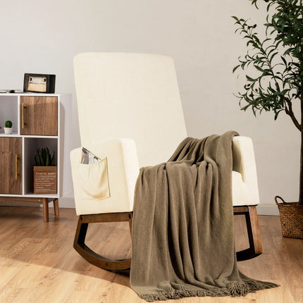 Rocking Chair, Rubber Wood Base, Side Pocket, Beige